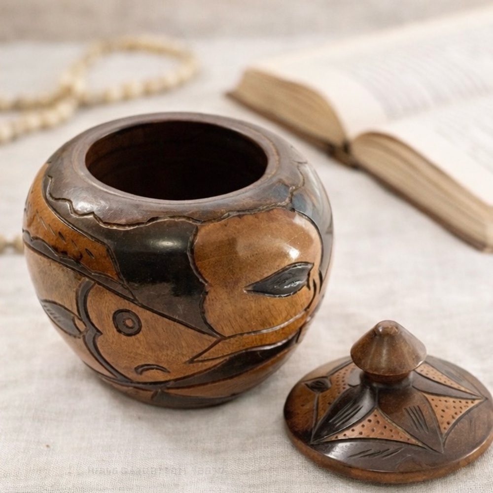 Hand Carved Teak Wood Lidded Jar Indonesian Folk Art Animal Motif Trinket Box 5” - Picture 2 of 9